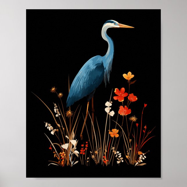 Affiche Héron bleu floral fleur sauvage observation des oi (Devant)