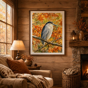 Affiche Héron d'automne aquarelle boisée