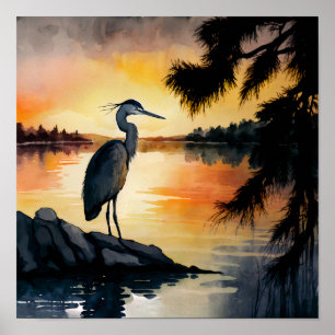 Affiche Heron regarde l'aquarelle du coucher du soleil