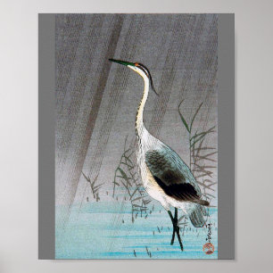 Affiche Héron vert en pluie, Watanabe Seitei