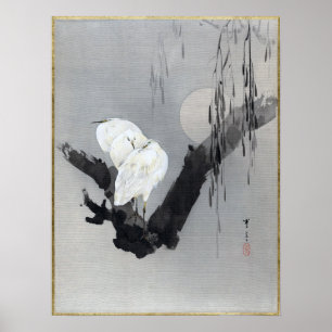 Affiche Hérons de Watanabe Seitei dans un arbre la nuit