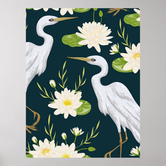 Affiche Herons White Lily Green Foliage Waterage Paysage (Devant)