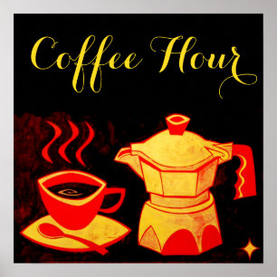 Affiche HEURE DE CAFÉ /Tasse à café et cafetière rouge jau