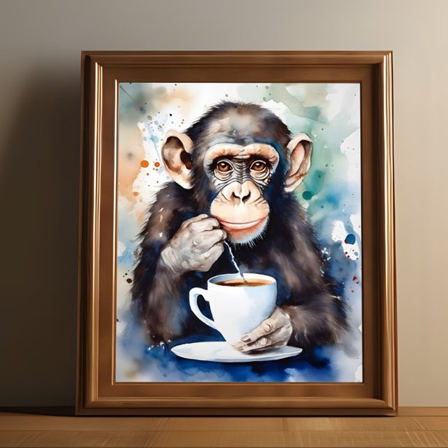 Affiche Heure du thé de Chimp (Print of a chimp drinking tea is shown in a wooden frame.)