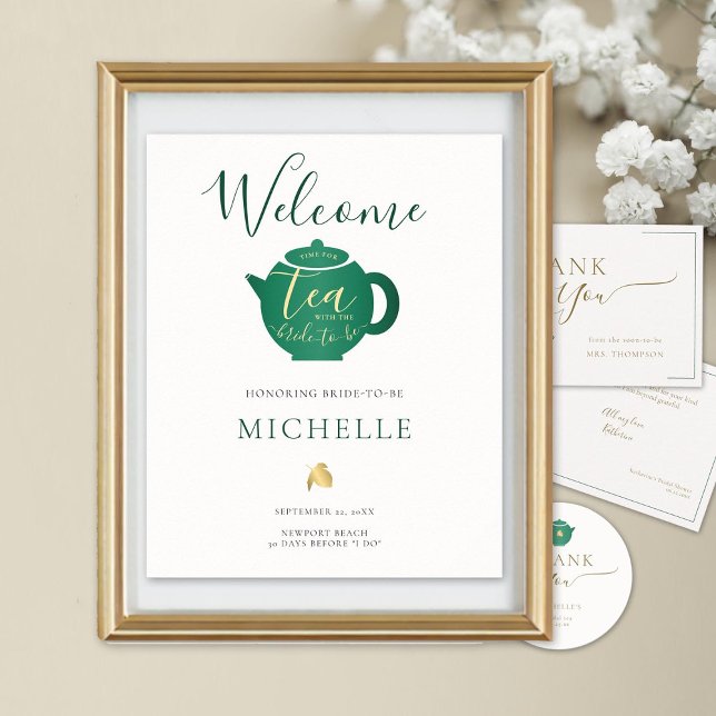 Affiche Heure pour Tea Emerald Gold Fête des mariées Bienv (bridal tea welcome poster emerald gold calligraphy modern classic)