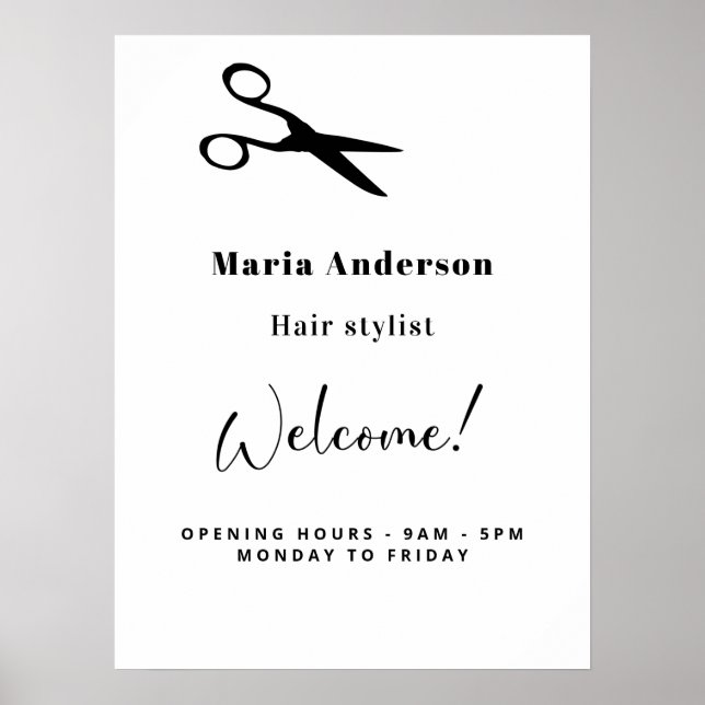 Affiche Heures d'ouverture de coiffeur blanc bienvenue (Devant)