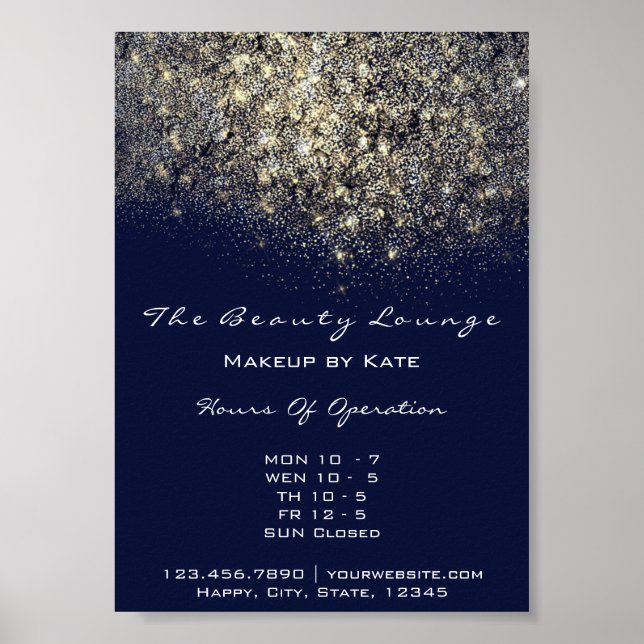 Affiche Heures d'ouverture Gold Blue Navy Sequin Confetti (Devant)