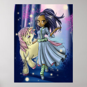 Affiche Heureuse fille amérindienne et poney