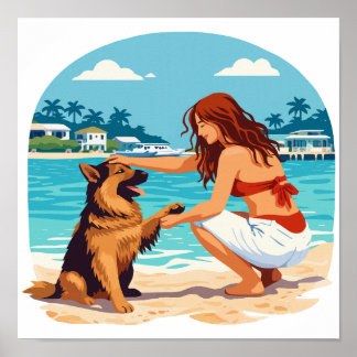 Affiche Heureux Berger Allemand et femme liant sur la plag
