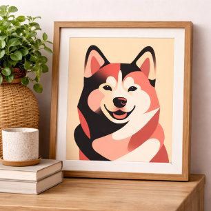 Affiche Heureux Husky Sibérien Art Géométrique Minimaliste