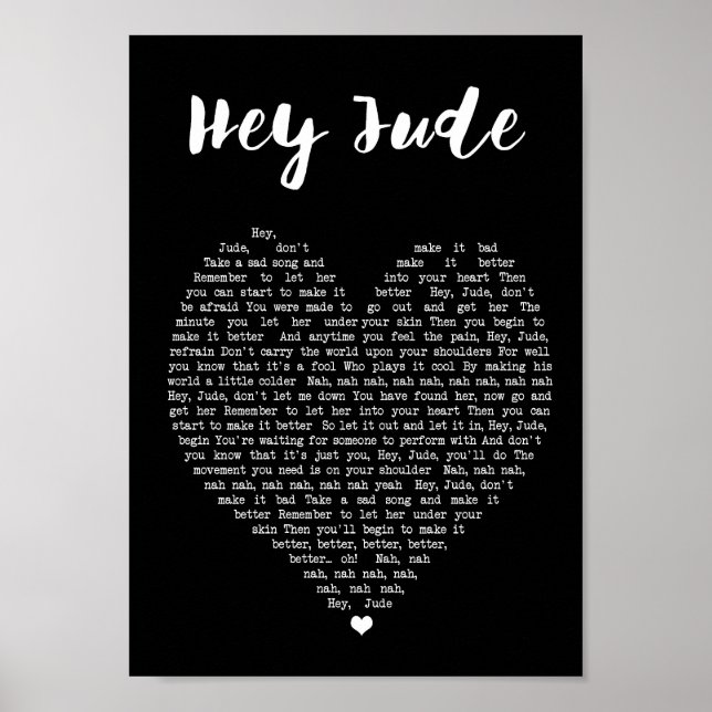 Affiche Hey Jude Black Heart Wall Art Chanson Lyric Print (Devant)