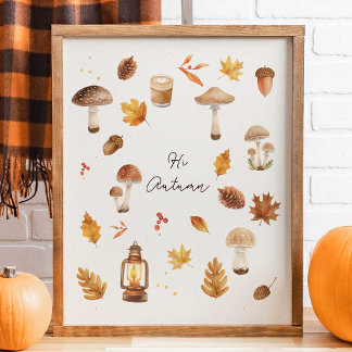 Affiche Hi Autumn Wall Art – Cozy Fall Print with Mushroom