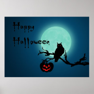 Affiche Hialloween Night Citrouille Owl
