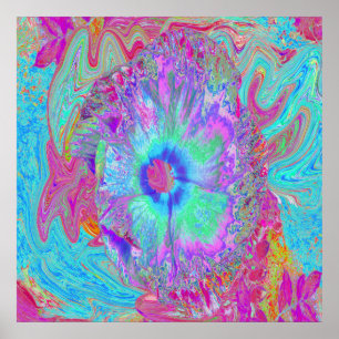 Affiche Hibiscus Bleu Psychedelique Rétro Arc-en-ciel