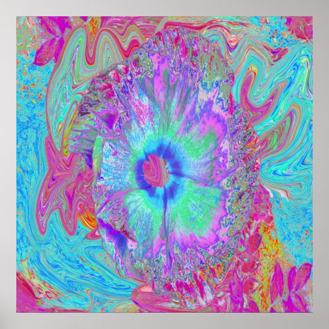 Affiche Hibiscus Bleu Psychedelique Rétro Arc-en-ciel (Devant)