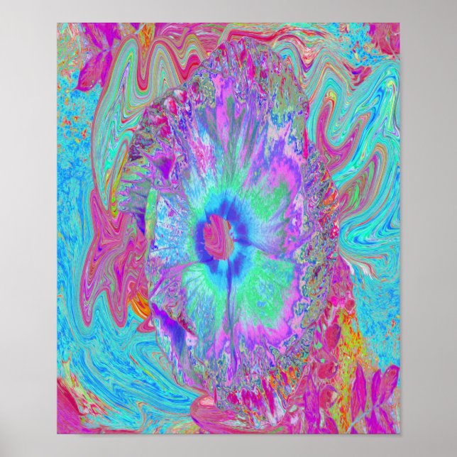 Affiche Hibiscus Bleu Rétro Psychedélique Arc-en-Ciel (Devant)