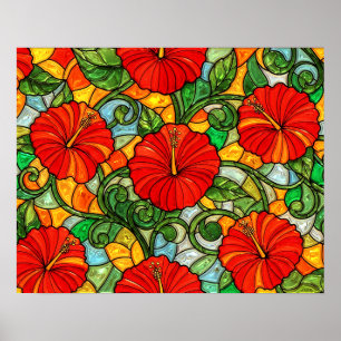 Affiche Hibiscus Faux Vitrail Rouge Or Orange