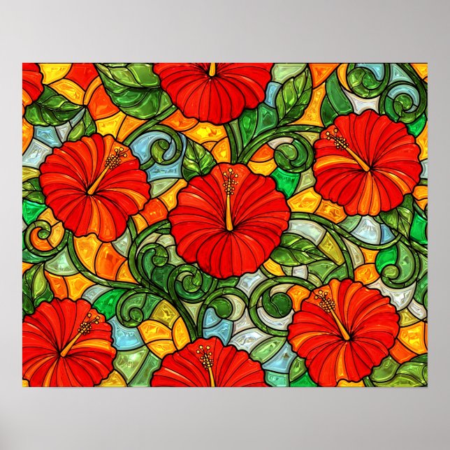 Affiche Hibiscus Faux Vitrail Rouge Or Orange (Devant)