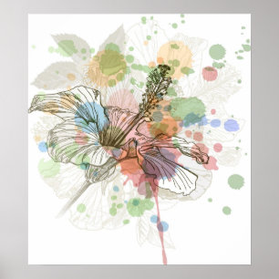 Affiche Hibiscus fleur & aquarelle arrière - plan