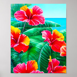 Affiche Hibiscus hawaïen fleurs tropicales