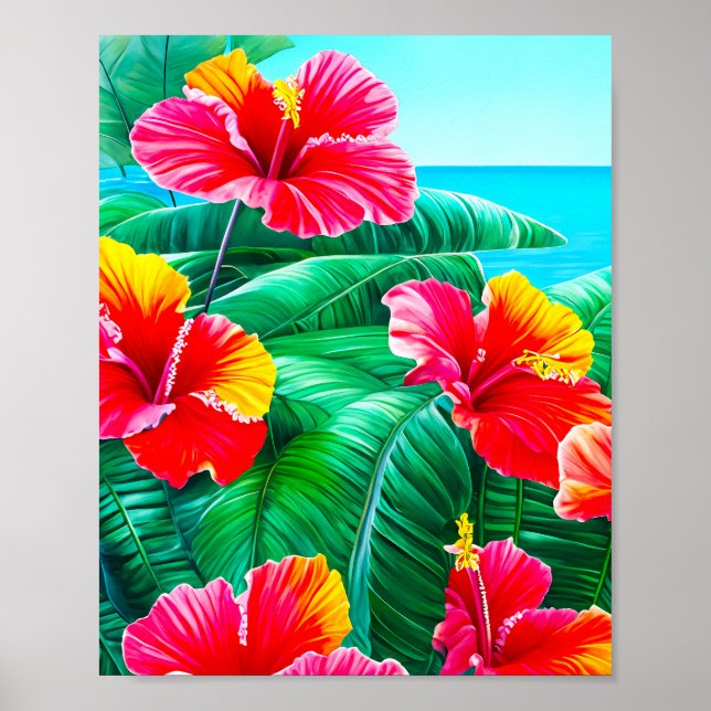 Affiche Hibiscus hawaïen fleurs tropicales (Devant)