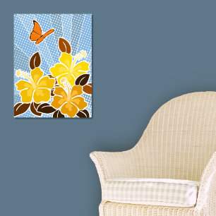 Affiche Hibiscus jaune et papillon ciel bleu Style Pop-art