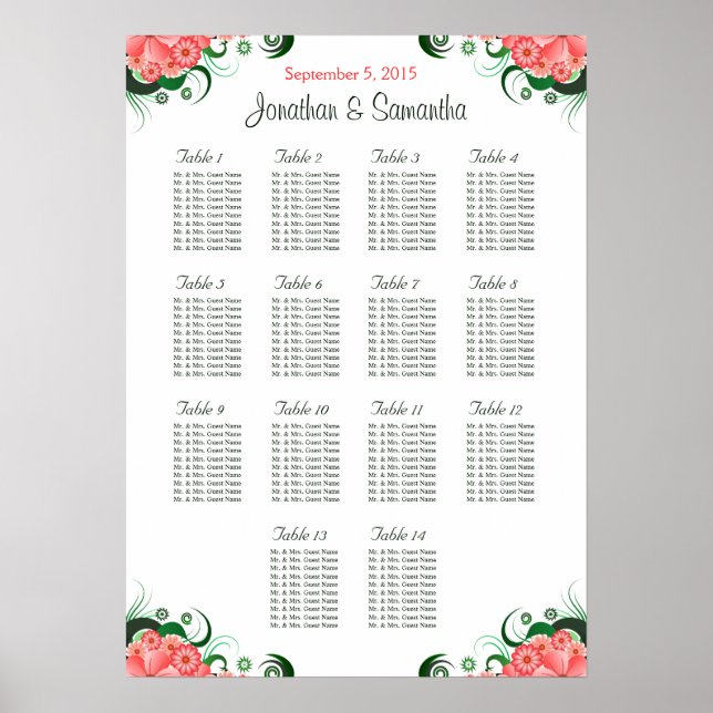 Affiche Hibiscus rose 14 Tables Mariages Cartes de sièges (Devant)