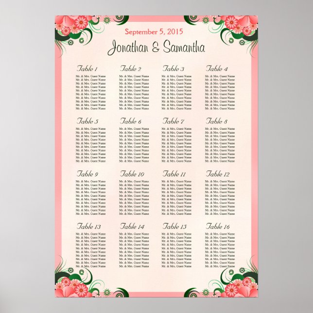 Affiche Hibiscus rose 16 Tables Mariages Cartes de sièges (Devant)