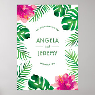 Affiche Hibiscus rose et Mariage Feuille tropical