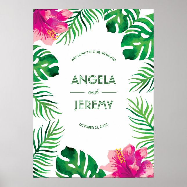 Affiche Hibiscus rose et Mariage Feuille tropical (Devant)