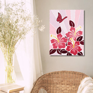 Affiche Hibiscus rose et papillon rose en floraison