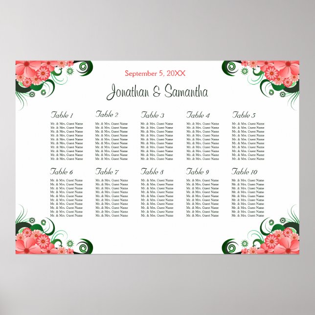 Affiche Hibiscus rose Mariage 10 tables Cartes de sièges (Devant)