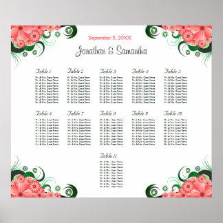 Affiche Hibiscus rose Mariage 11 Tables Cartes de siège