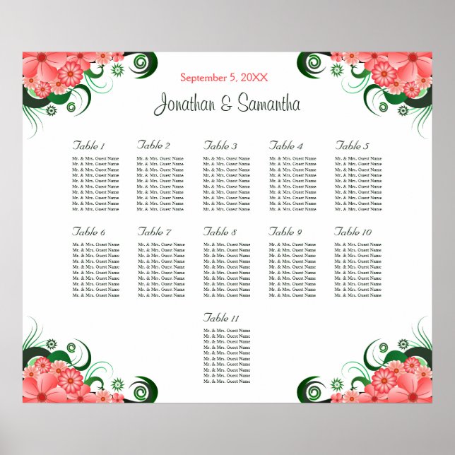 Affiche Hibiscus rose Mariage 11 Tables Cartes de siège (Devant)