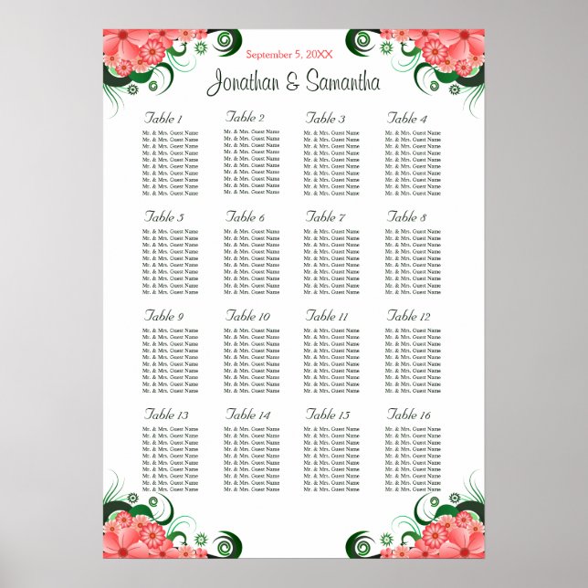 Affiche Hibiscus rose Mariage 16 Tables Cartes de sièges (Devant)