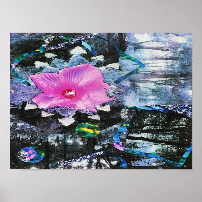 Affiche Hibiscus rose Paysage noir et blanc Collage (Devant)