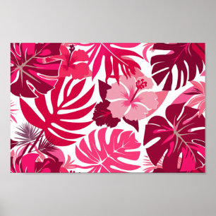 Affiche Hibiscus rose tropical et Motif Feuille de Monster