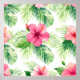 Affiche Hibiscus rose tropical palmier aquarelle