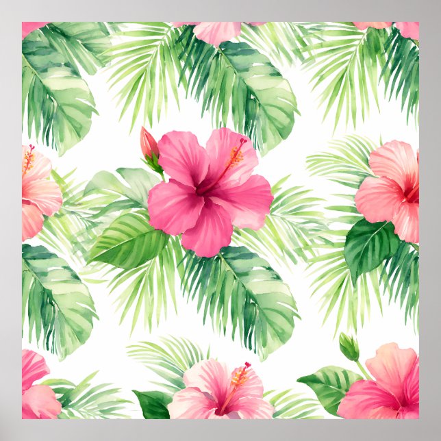 Affiche Hibiscus rose tropical palmier aquarelle (Devant)