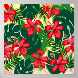 Affiche Hibiscus tropical coloré rouge et vert