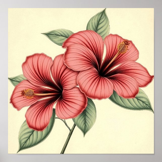 Affiche Hibiscus Vintage sur Papier Patiné (Devant)