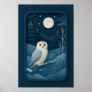 Affiche Hibou au clair de lune dans une forêt enneigée