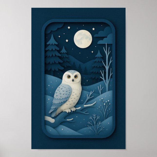 Affiche Hibou au clair de lune dans une forêt enneigée (Devant)