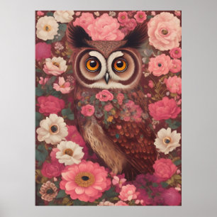 Affiche Hibou aux grands yeux devant des fleurs #3