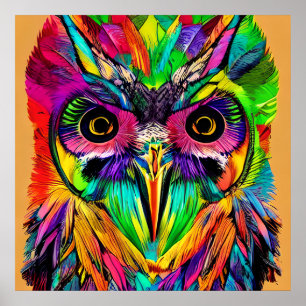 Affiche Hibou avec des plumes colorées Art IA ironique