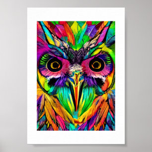 Affiche Hibou avec des plumes colorées Art IA ironique