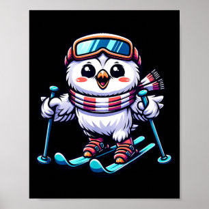 Affiche Hibou blanc skiant chouette skieuse mignonne