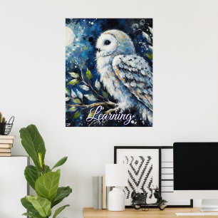 Affiche Hibou blanc sur branche clair de lune papier perso