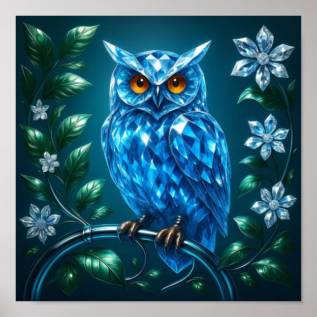 Affiche Hibou Bleu Brillantsur Branche de Laiton (Devant)