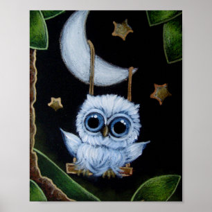 AFFICHE HIBOU BLEU MINUSCULE BALANÇANT DE LA LUNE